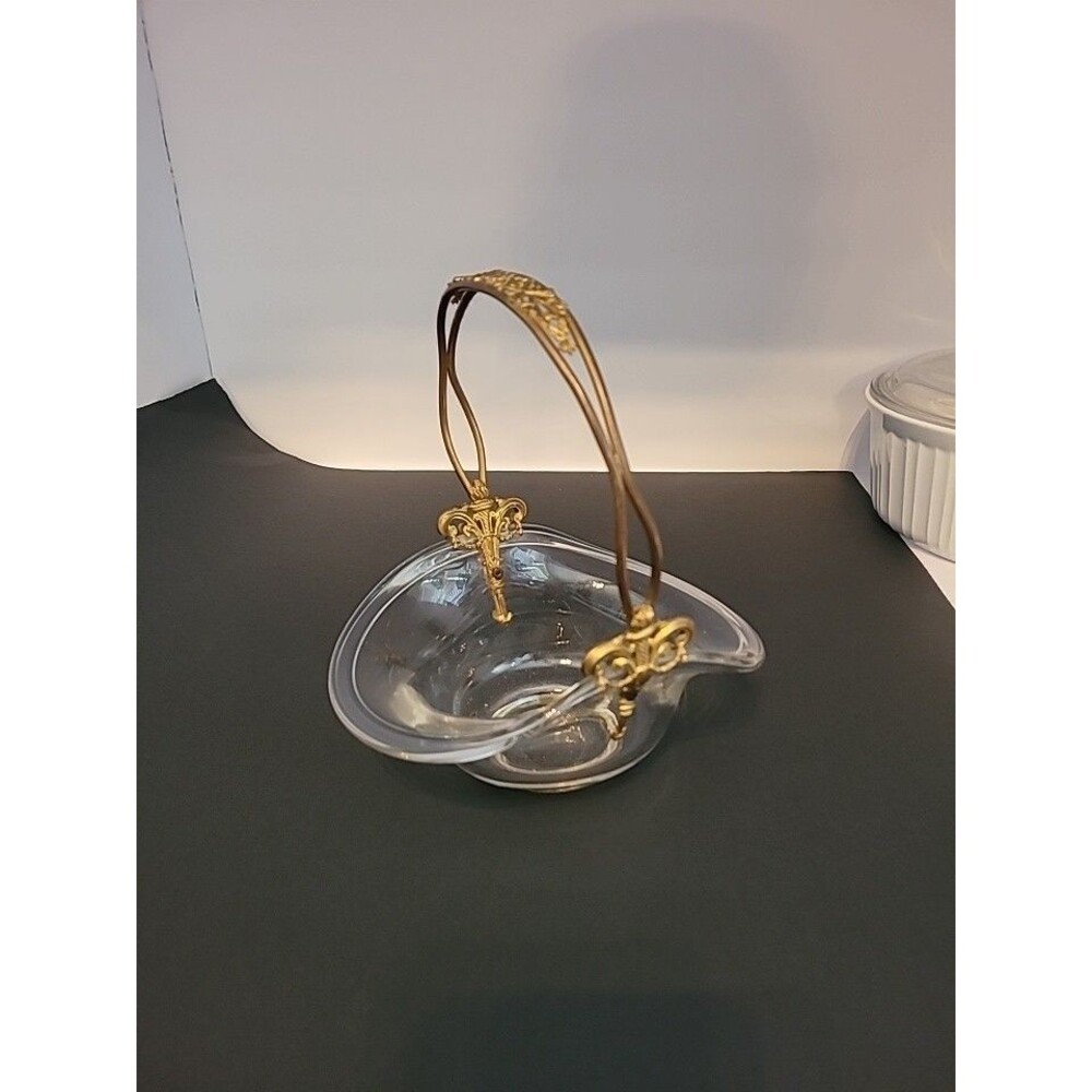 Vintage Clear Glass Candy Dish With Gold Tone Handle